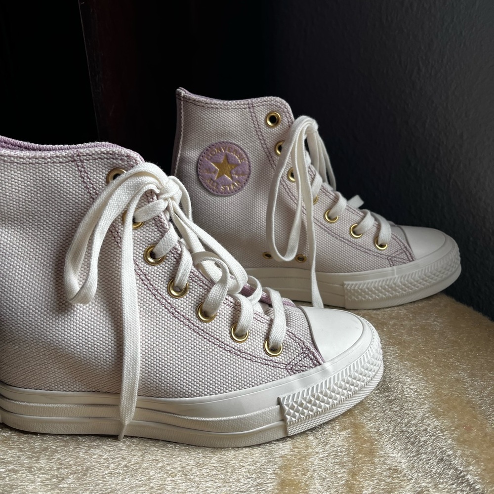 Converse High Top Sneakers in Lavender and White with Gold Eyelets